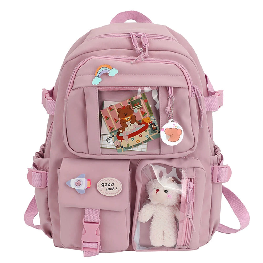 Kawaii Nylon College Backpack with Plush Pendant and Pins – Large Capacity Student Schoolbag