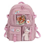 Kawaii Nylon College Backpack with Plush Pendant and Pins – Large Capacity Student Schoolbag