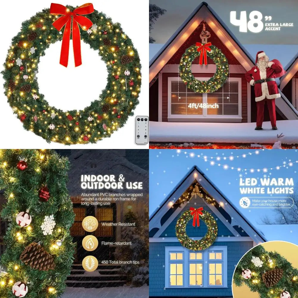 Outdoor Pre-lit Artificial Christmas Wreath, 48 Inch with 150 LED Lights and 450 PVC Branches, Durable Holiday Decorations