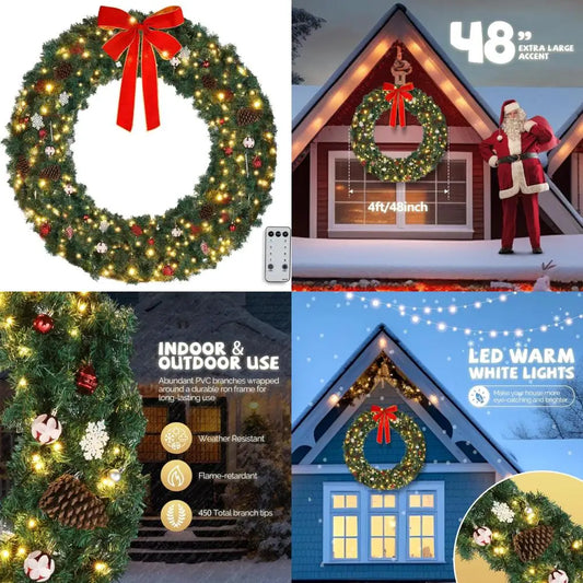 Outdoor Pre-lit Artificial Christmas Wreath, 48 Inch with 150 LED Lights and 450 PVC Branches, Durable Holiday Decorations
