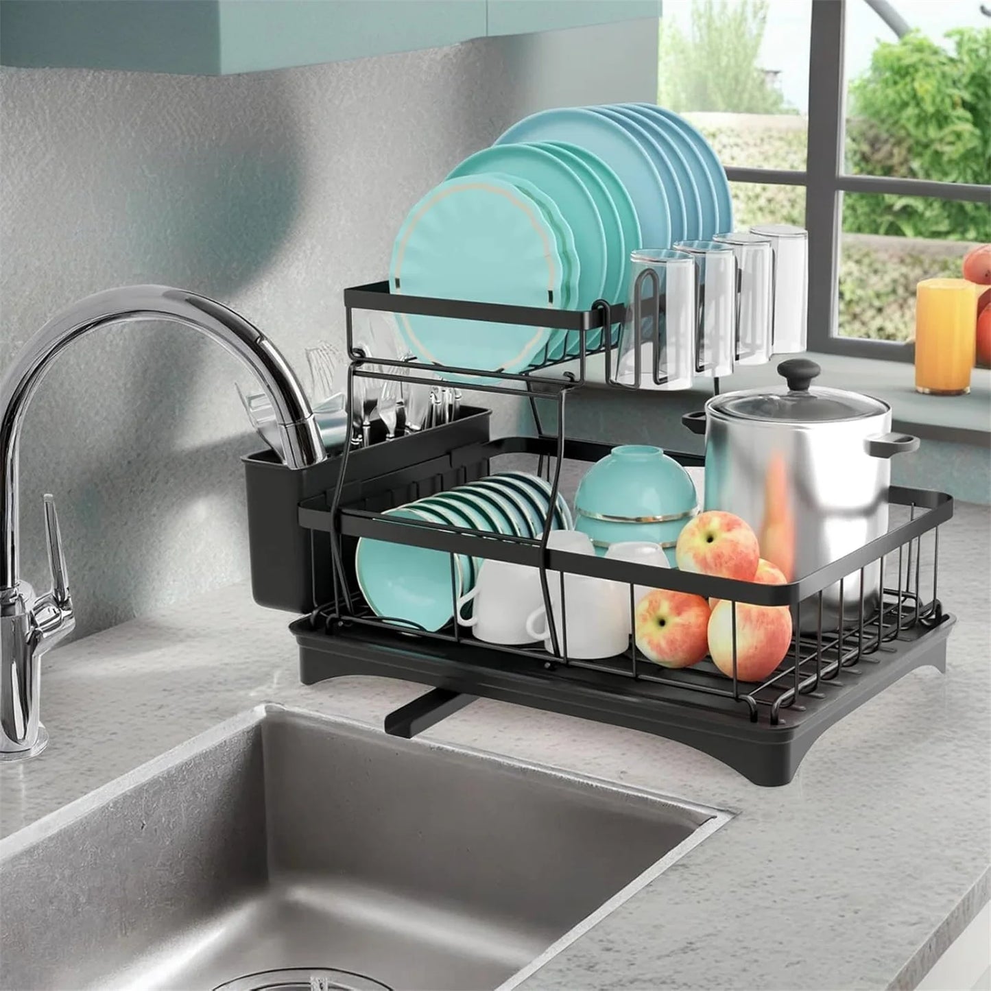 2-Tier Stainless Steel Dish Drying Rack | Large Countertop Organizer with Drainer & Cutlery Holder