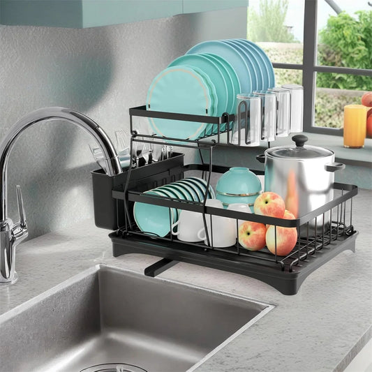 2-Tier Stainless Steel Dish Drying Rack | Large Countertop Organizer with Drainer & Cutlery Holder