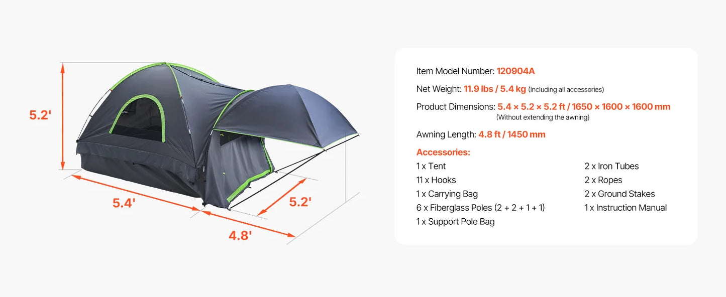 Pickup Truck Bed Tent with Awning – Waterproof Camping Tent for 2–3 Persons