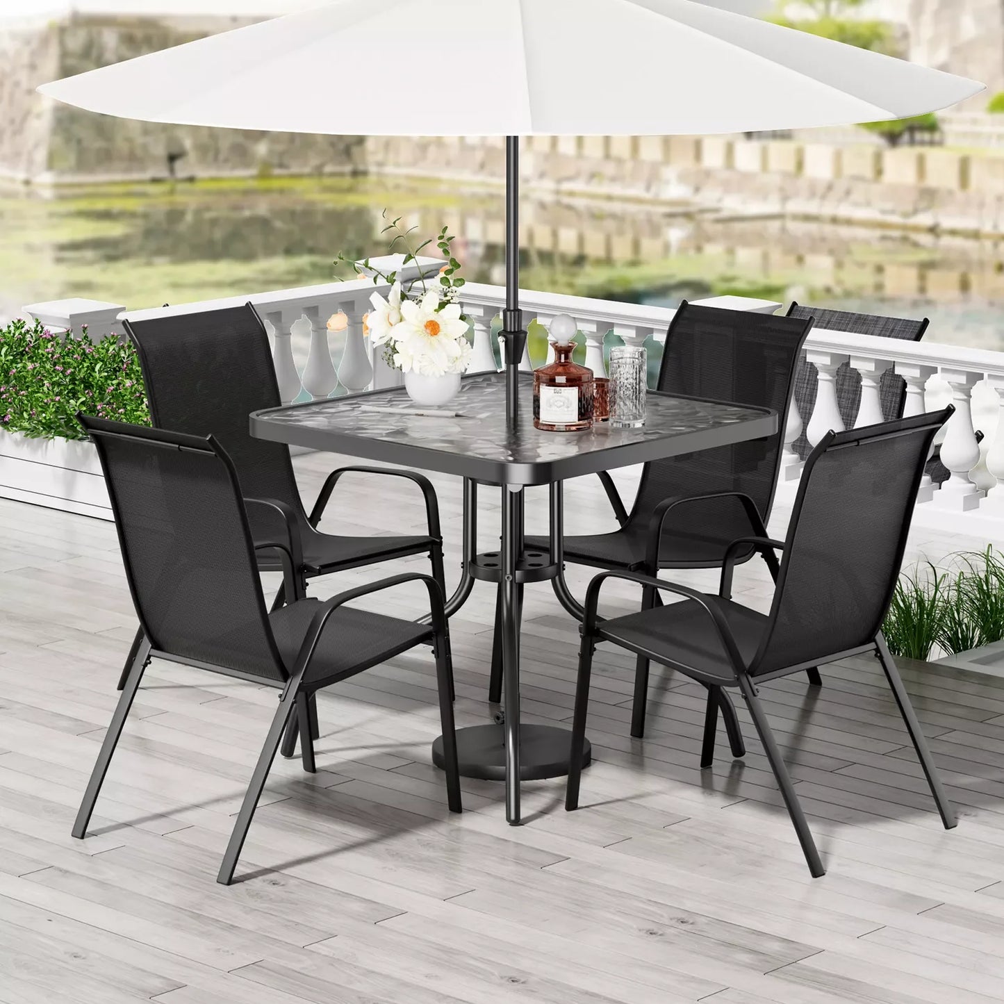 5-Piece Patio Dining Set Outdoor Furniture with Stackable Textilene Chairs & Glass Table