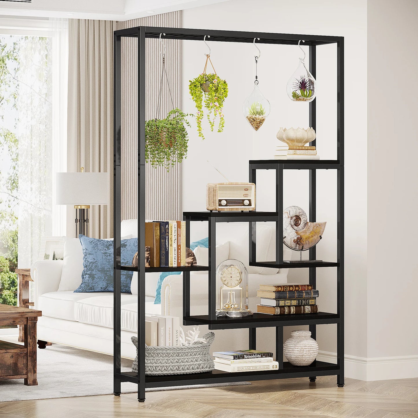 Tribesigns 5-Tier Tall Indoor Plant Stand, 70.9" Large Metal Plant Shelf with 10 Hanging Hooks for Garden, Balcony, Living Room & Patio