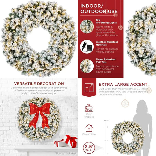 Large 30-inch Flocked Artificial Pre-Lit Fir Christmas Wreath with 100 Dual LED Lights - Holiday Decoration Accent