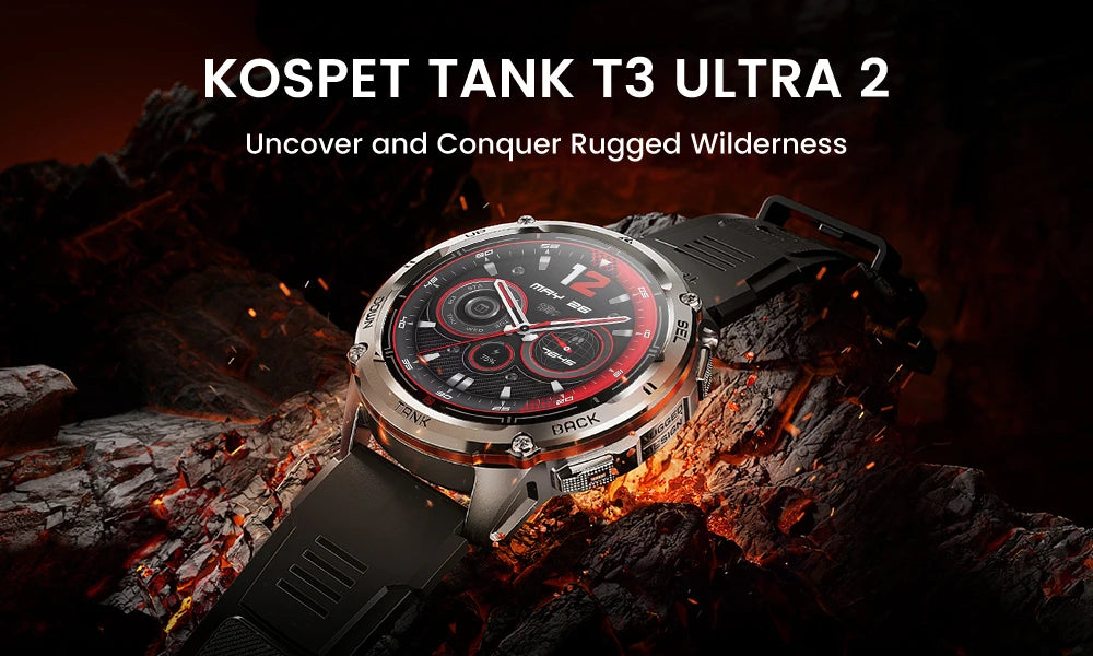 KOSPET TANK T3 Ultra 2 GPS Smartwatch for Men – Compass, Altimeter, Barometer, 5ATM Waterproof, AMOLED Display