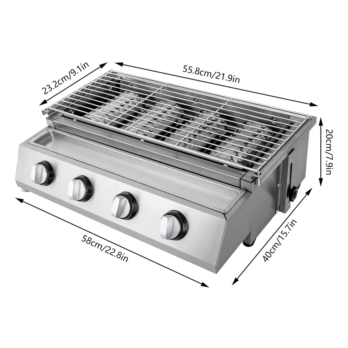 Portable 4-Burner Stainless Steel LPG Gas Grill – Smokeless Tabletop BBQ Grill with Adjustable Height and Removable Grate for Outdoor Cooking
