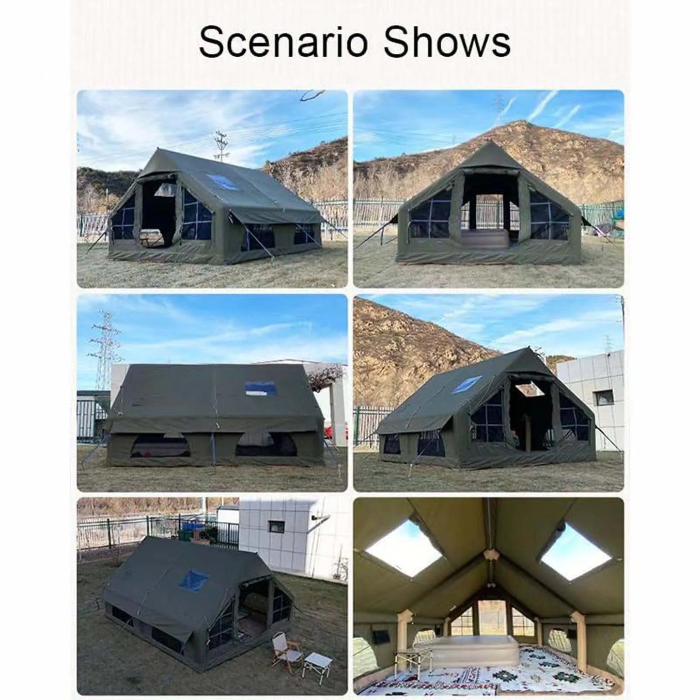 Army Green Waterproof Windproof Inflatable Camping Tent 4-Season Air Glamping Tent House with Chimney Opening & AC Vent