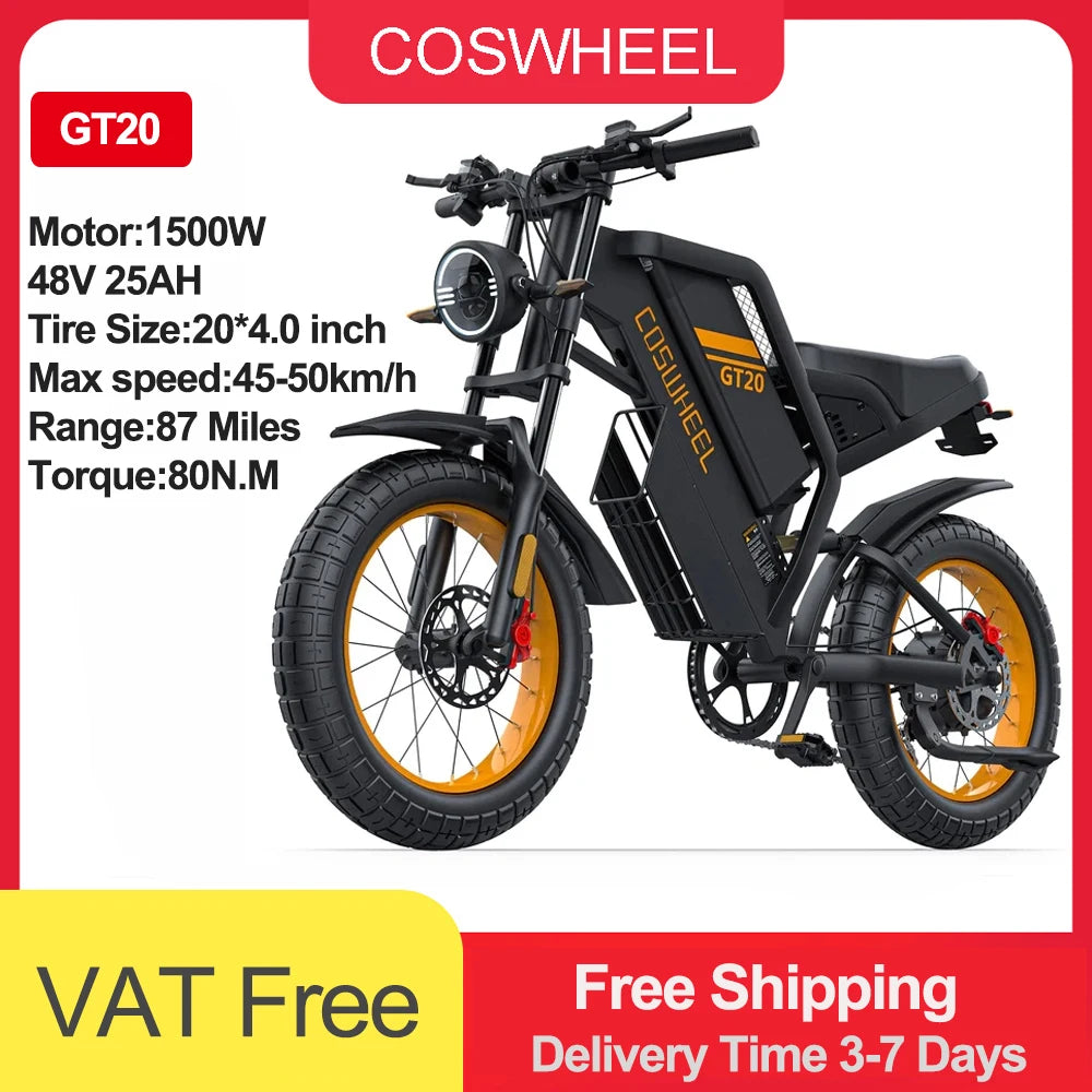 COSWHEEL GT20 PRO Dual Motor Electric Bike – 3000W, 40Ah Battery, 31MPH Fat Tire Off-Road E-Bike