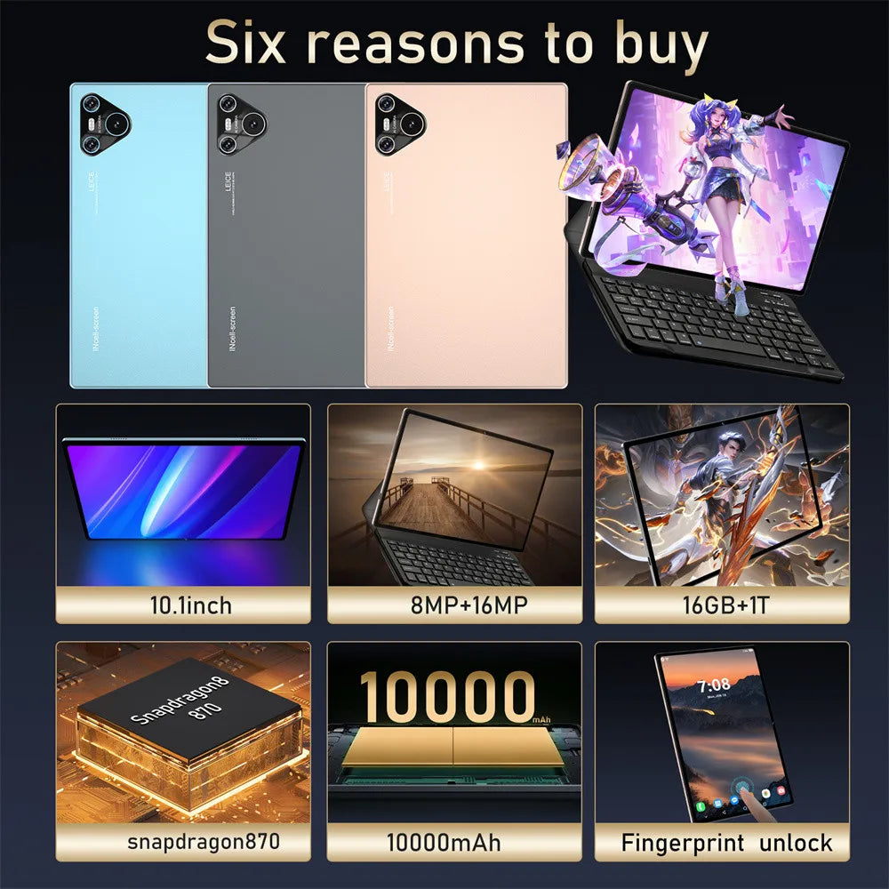 16 Pro 10.1-Inch Android 12 Tablet – Snapdragon 870 | 16GB RAM + 1TB Storage | Dual SIM + 5G WiFi | 2560×1600 Full HD Display | 10000mAh Battery