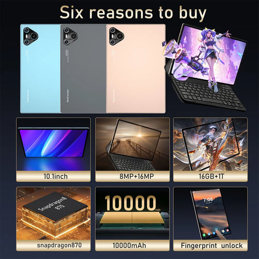 16 Pro 10.1-Inch Android 12 Tablet – Snapdragon 870 | 16GB RAM + 1TB Storage | Dual SIM + 5G WiFi | 2560×1600 Full HD Display | 10000mAh Battery