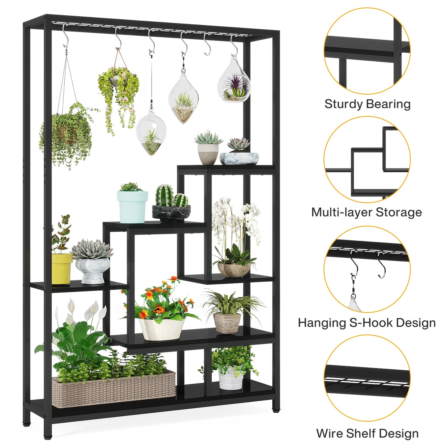 Tribesigns 5-Tier Tall Indoor Plant Stand, 70.9" Large Metal Plant Shelf with 10 Hanging Hooks for Garden, Balcony, Living Room & Patio