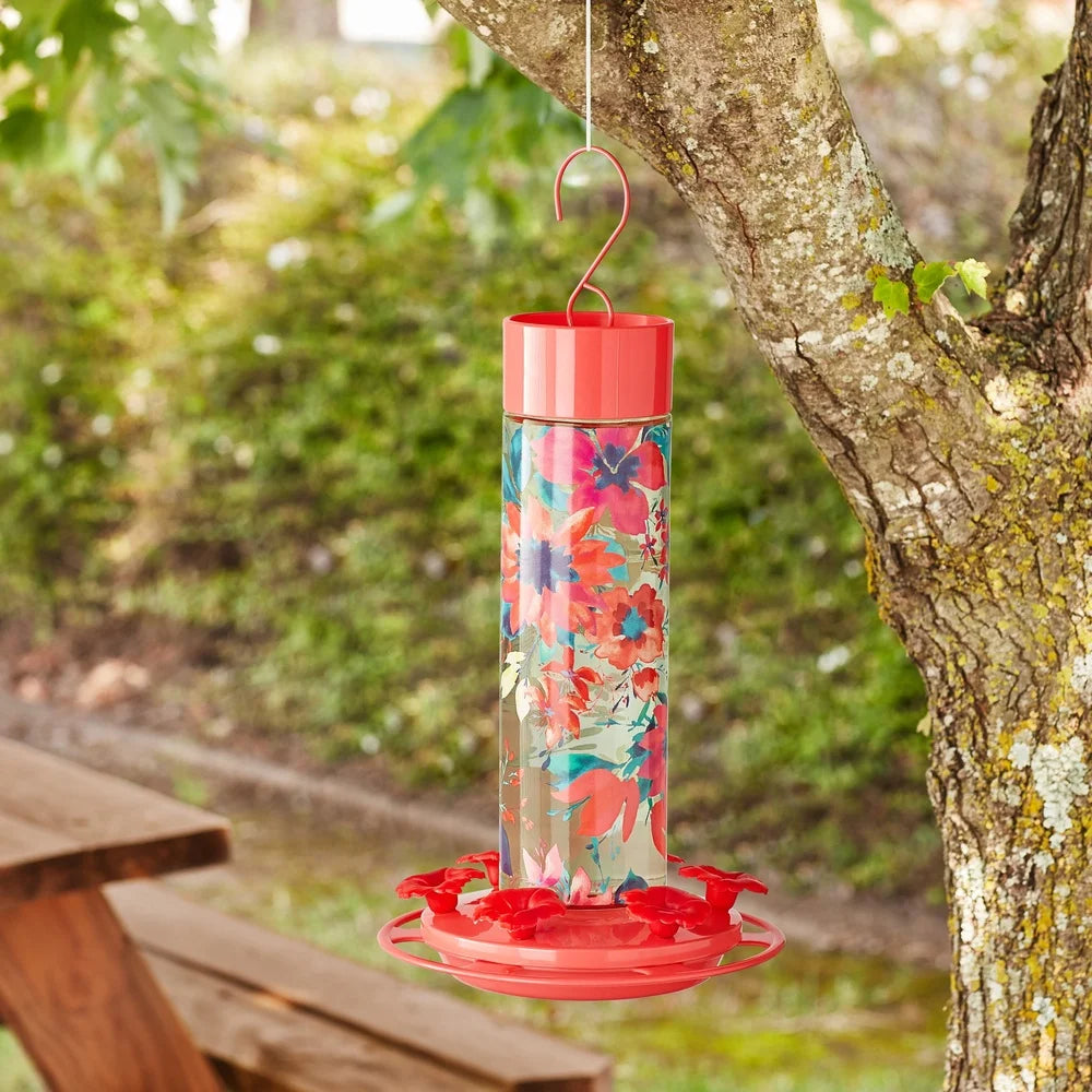 20oz Floral Glass Hummingbird Feeder with 6 Leakproof Feeding Ports & Ant Moat