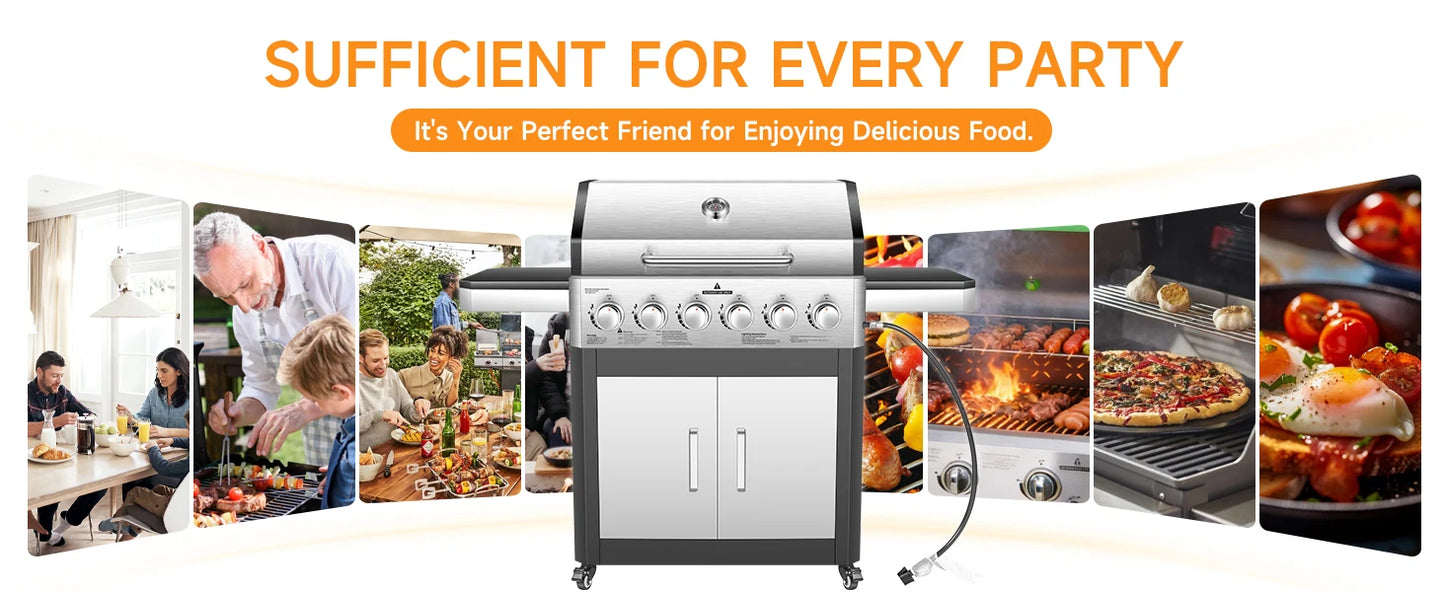 6 Burner Propane Gas Grill, 60,000 BTU Cabinet Outdoor BBQ with Warming Rack, 643 Sq. In. Cooking Area