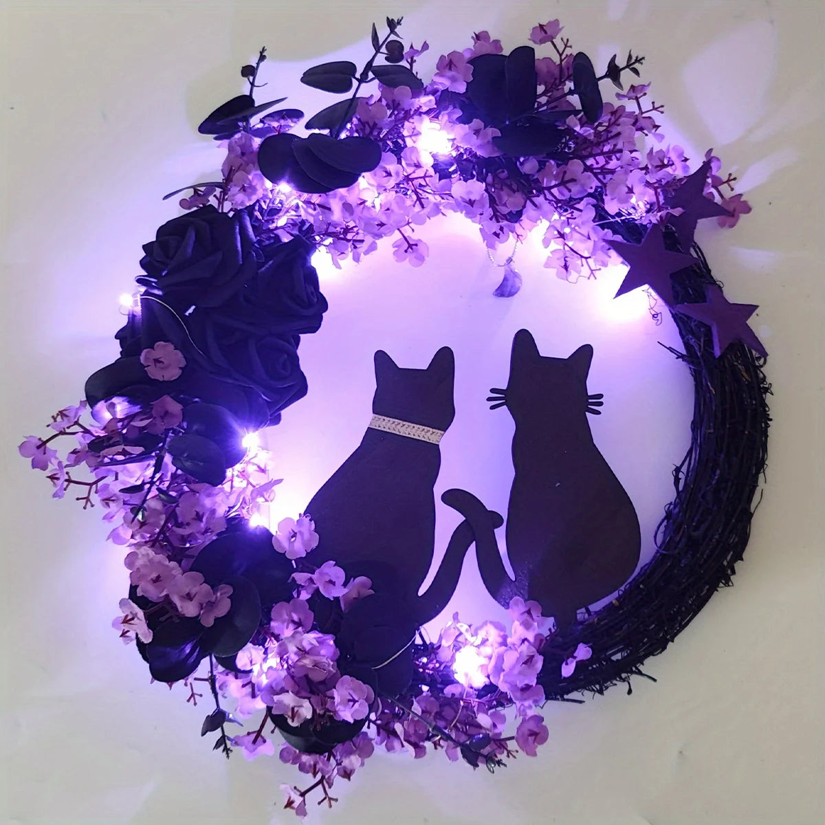 Black Cat Wreath Halloween Decor for Home, Spooky Halloween Decorations Crescent Wreath for Front Door Window Home Holiday Party