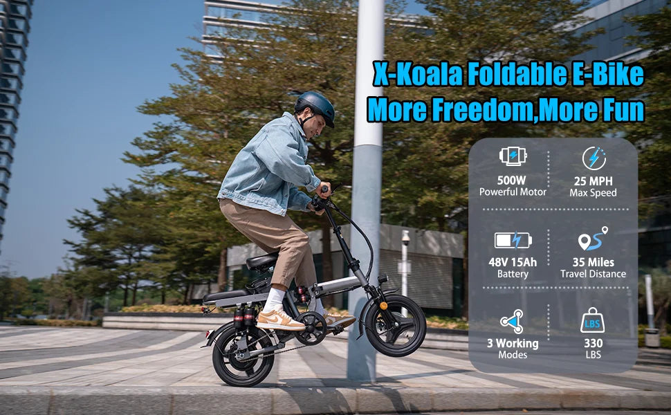 X-Koala Foldable Electric Bike for Adults – 500W Motor, 48V 15Ah Removable Battery, 25MPH Folding E‑Bike with LCD Display