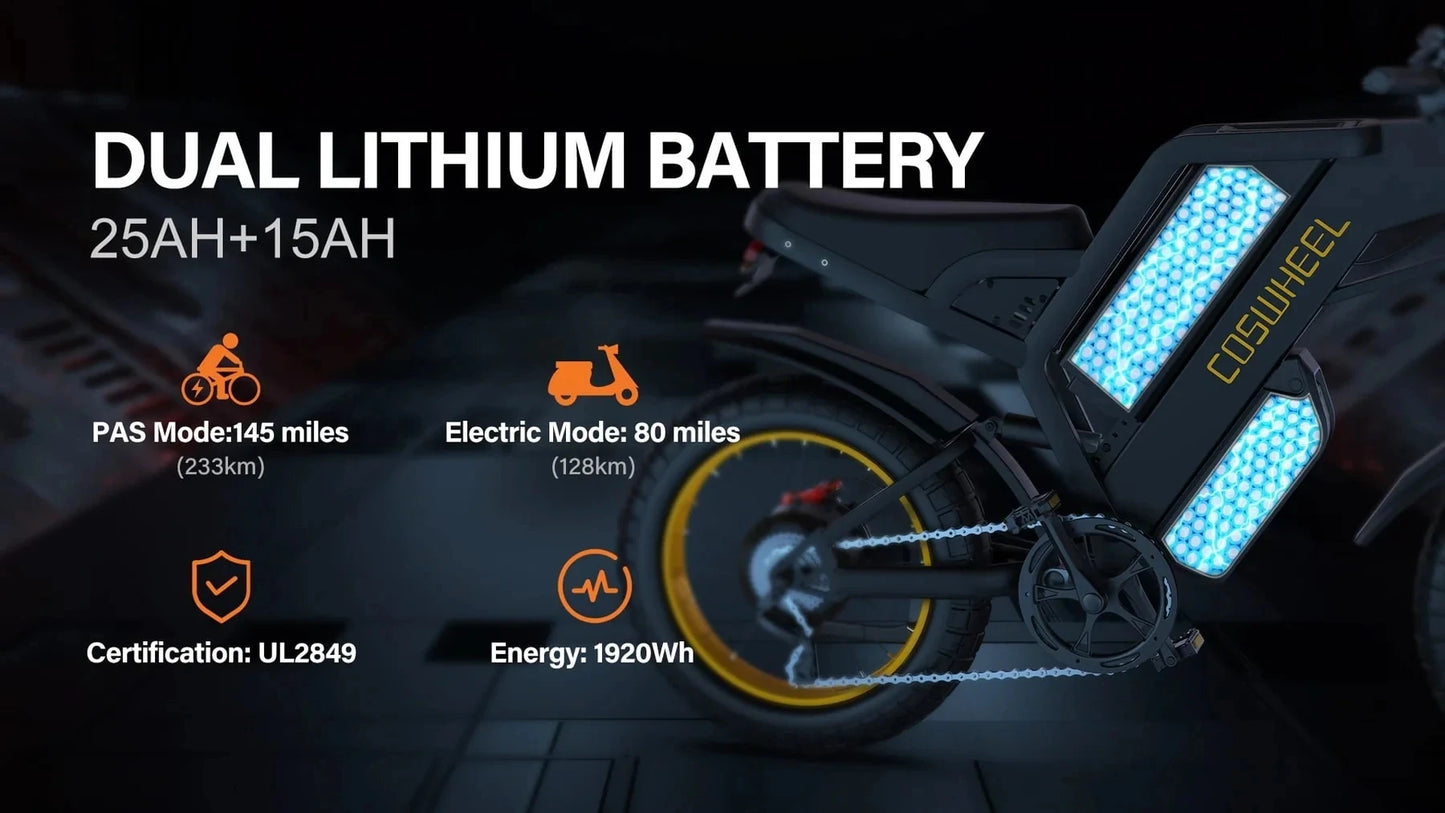 COSWHEEL GT20 PRO Dual Motor Electric Bike – 3000W, 40Ah Battery, 31MPH Fat Tire Off-Road E-Bike