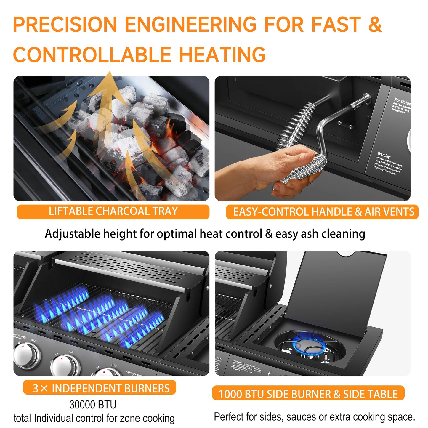 Dual Fuel Grill Gas & Charcoal Grill with Side Burner,3+1 Burners 40,000 BTU Total, 713.5 Sq In Cooking Area