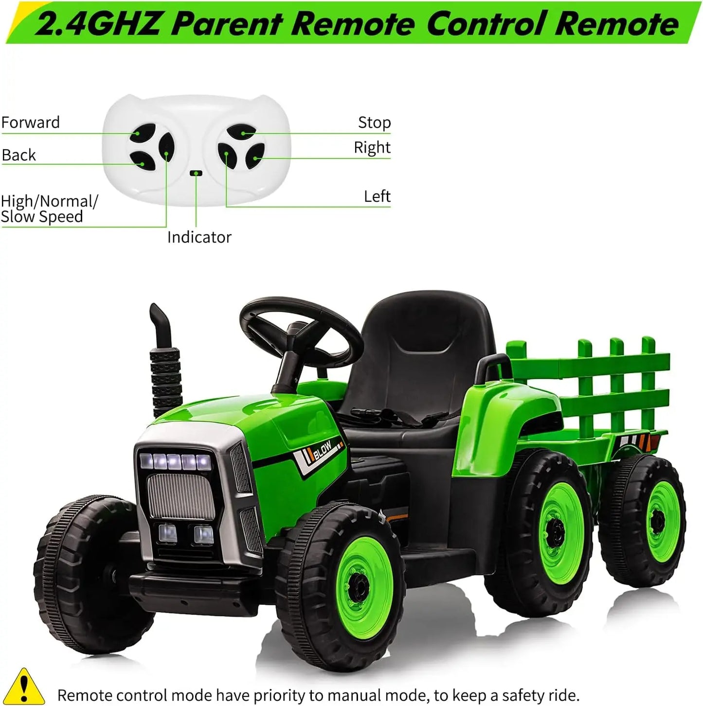 Kids Ride-On Electric Tractor with Remote Control & Trailer – 12V Battery 25w/35w, EVA Tires, Headlights & Bluetooth Music
