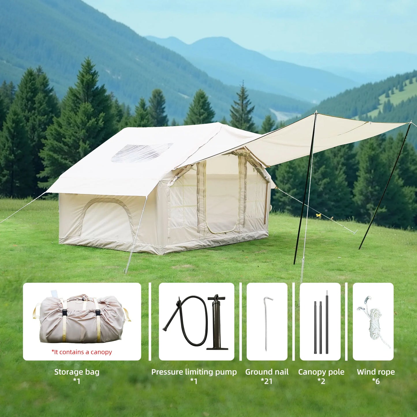 Instant Inflatable Camping Tent for 4-6 People with Extended Awning & Waterproof All-Weather Design