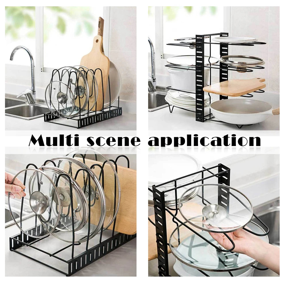 8-Tier Adjustable Pot & Pan Organizer Rack | Heavy-Duty Iron Storage Shelf for Kitchen Cabinets