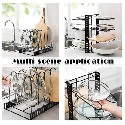 8-Tier Adjustable Pot & Pan Organizer Rack | Heavy-Duty Iron Storage Shelf for Kitchen Cabinets