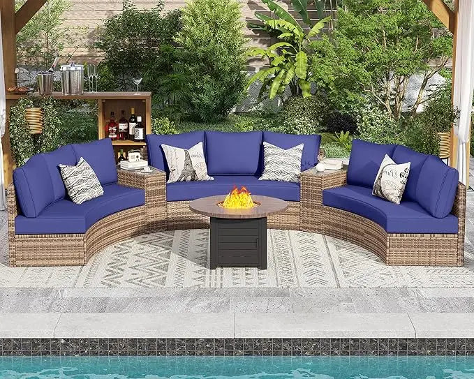 Patio Furniture Sets, 11 Piece Half-Moon Sectional Round Sofa Set, Outdoor Patio Furniture with Cushions & Wedge Table