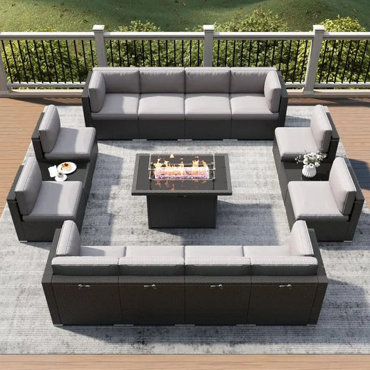Outdoor Patio Furniture Set with Fire Pit, Wicker Rattan Sectional Sofa and Coffee Table