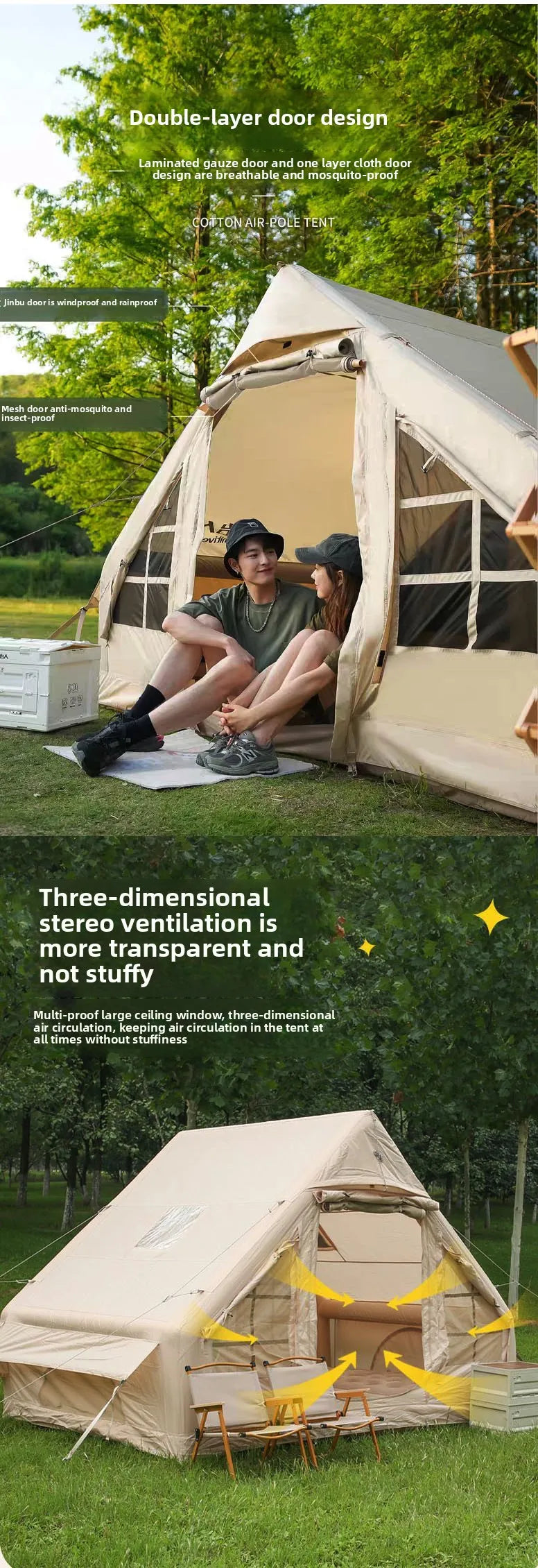 Inflatable Camping Tent for 1-6 People with Skylight, Stove Jack & PU3000 Waterproof Protection
