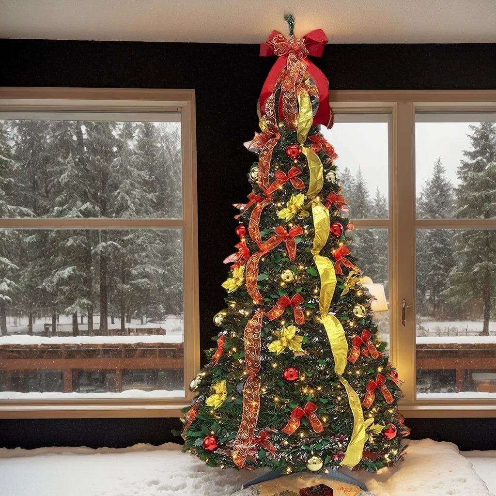 6FT Artificial Christmas Tree with 200 Warm Lights Easy Assembly Collapsible Christmas Tree with Ornaments Christmas Decor