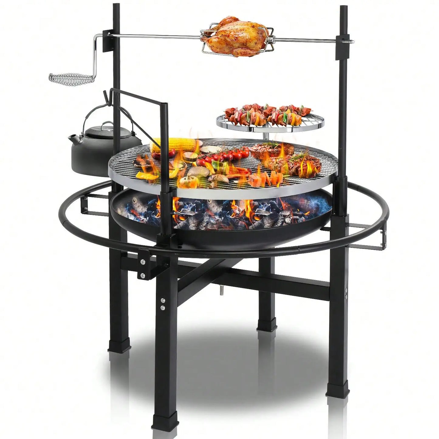 Heavy Duty Cast Iron Charcoal Grill Tabletop BBQ Grill Stove for Camping & Picnics – Adjustable Height & Rotisserie – 33” Round Cooking Area – 108cm Tall