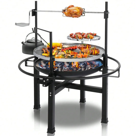 Heavy Duty Cast Iron Charcoal Grill Tabletop BBQ Grill Stove for Camping & Picnics – Adjustable Height & Rotisserie – 33” Round Cooking Area – 108cm Tall