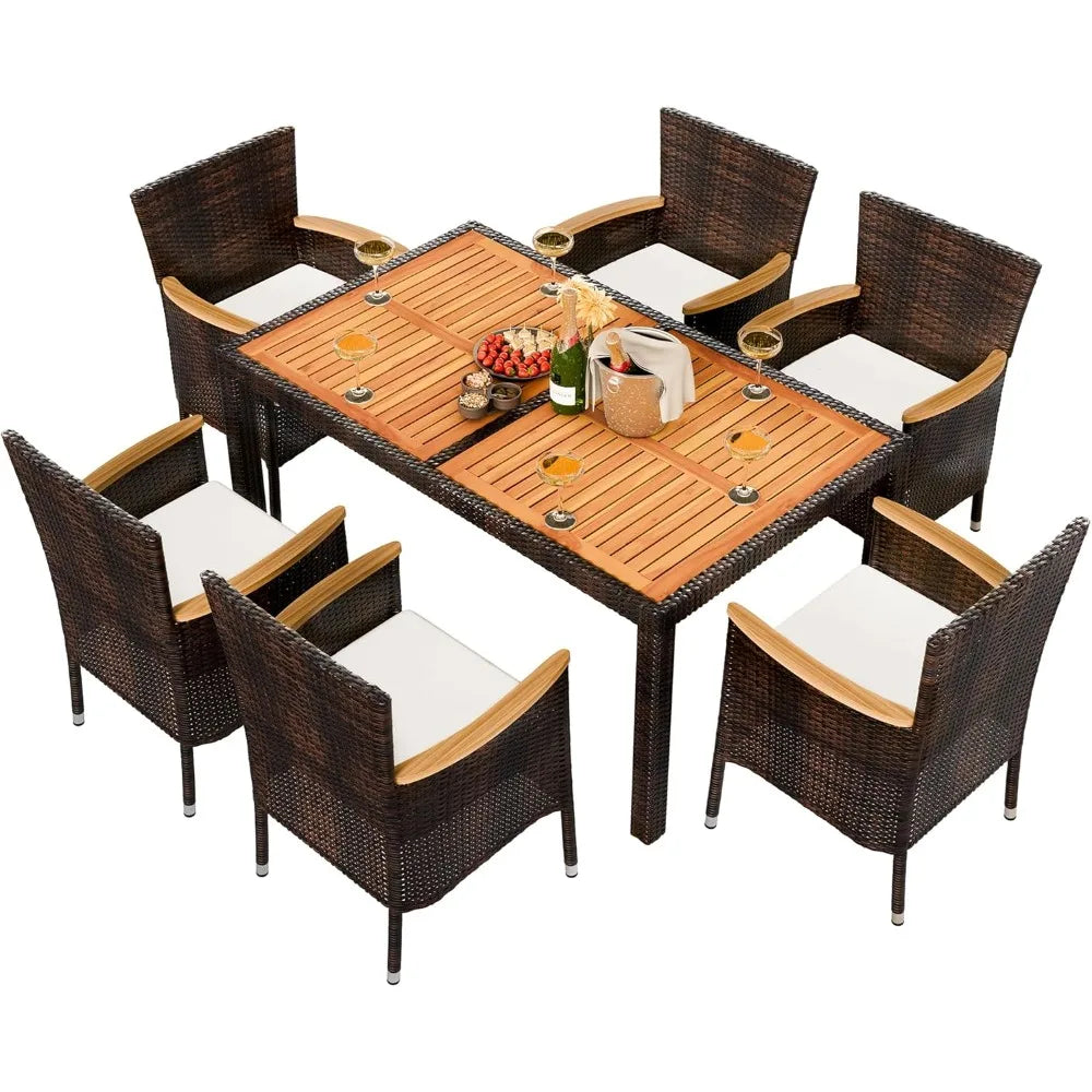 7 Piece Outdoor Patio Dining Set – Wicker Rattan Table & Chairs with Cushions