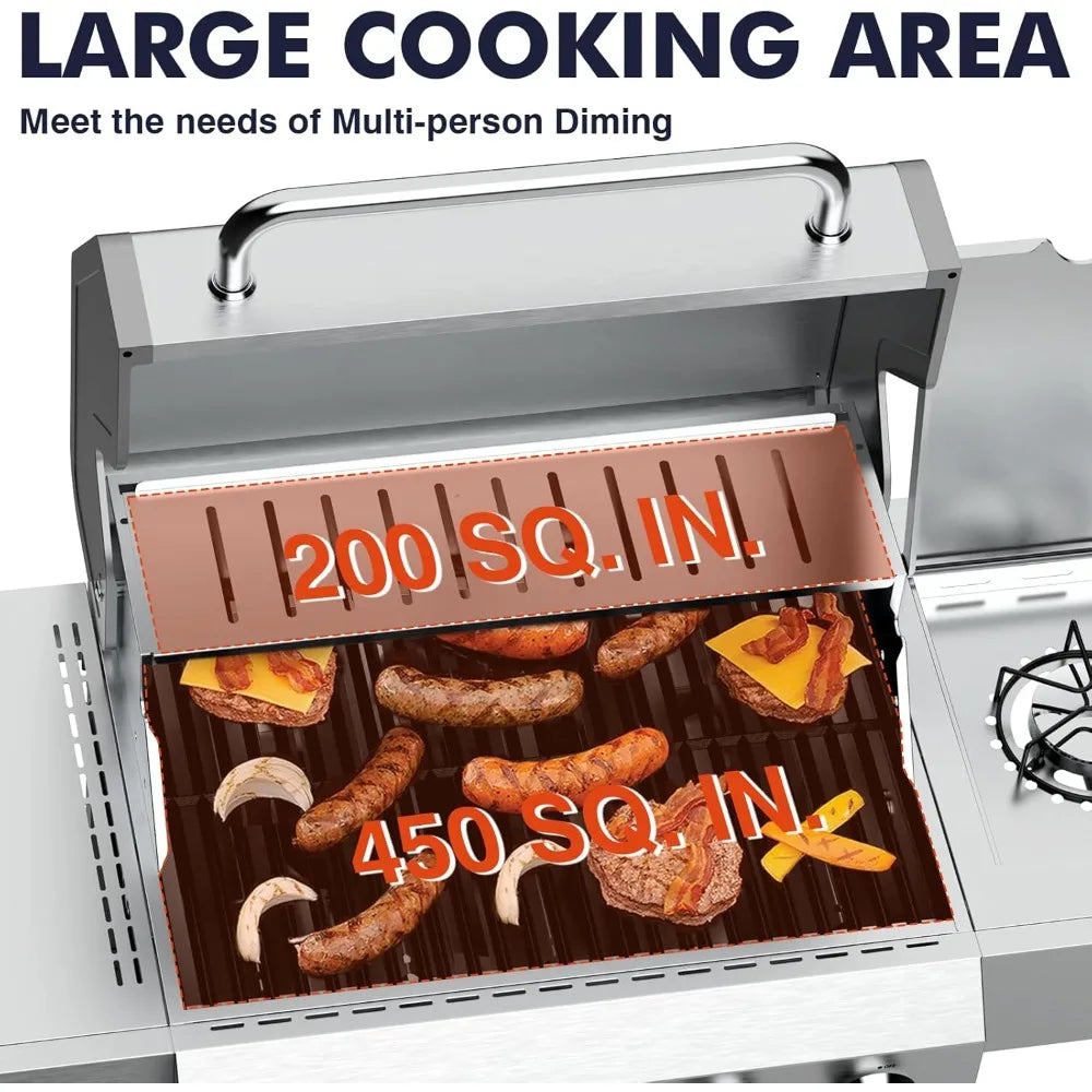 Llamaviva 5 Burner Propane Gas Grill with Side Burner,Stainless Steel BBQ Grill with Porcelain-Enameled Cast Iron Grates