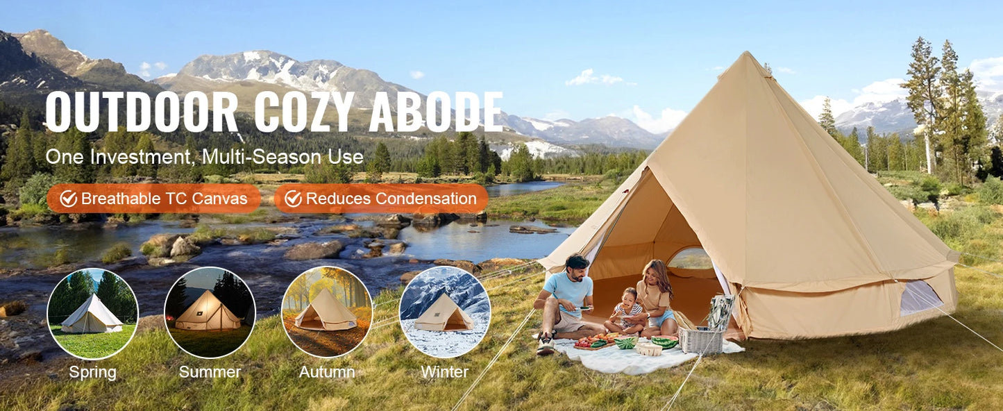 SucceBuy 16.4FT Canvas Bell Tent for Camping – 4 Season Yurt Tent with Stove Jack, Breathable TC Cotton, Sleeps Up to 8 People