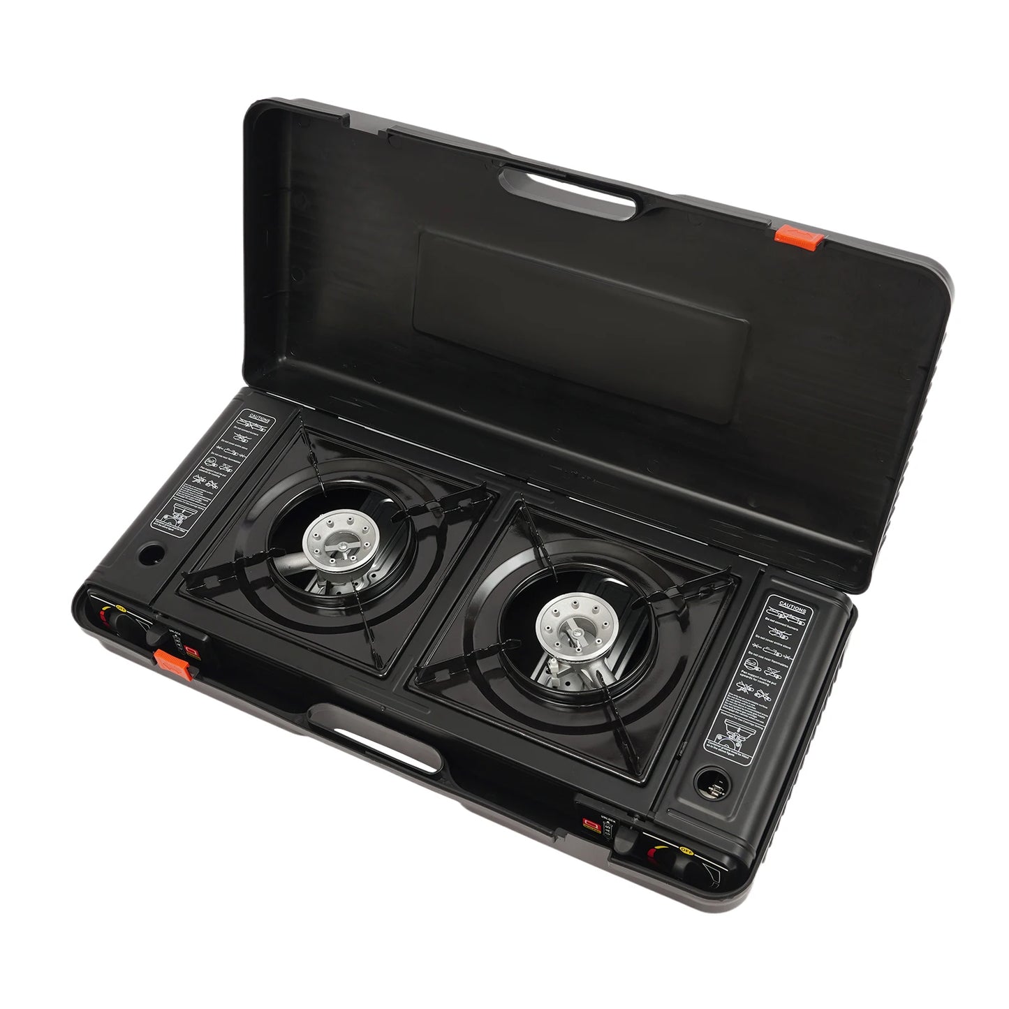 2-BURNER CAMPING STOVE PORTABLE GAS STOVE KIT WITH BAKING TRAY – OUTDOOR COOKING GRILL WITH CARRYING CASE, 2X2500W BURNERS, LPG COMPATIBLE