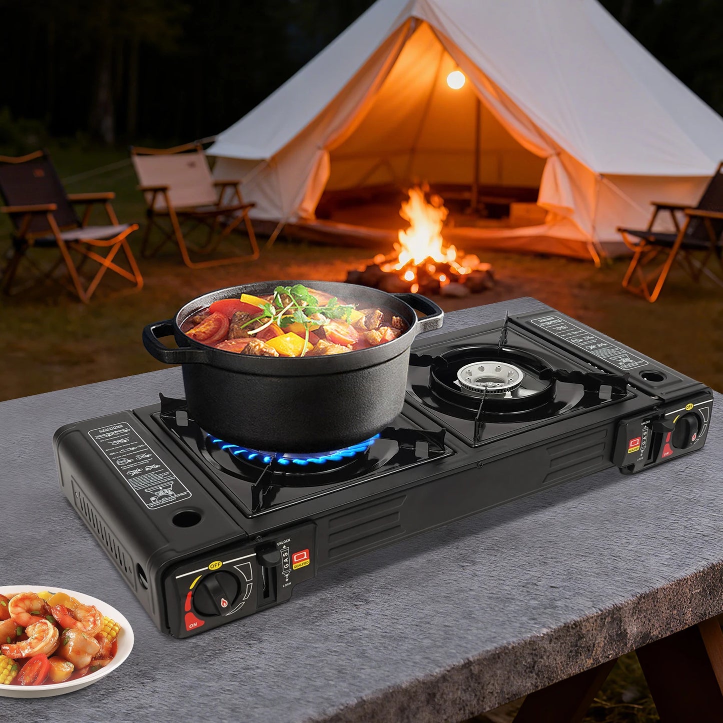 2-BURNER CAMPING STOVE PORTABLE GAS STOVE KIT WITH BAKING TRAY – OUTDOOR COOKING GRILL WITH CARRYING CASE, 2X2500W BURNERS, LPG COMPATIBLE