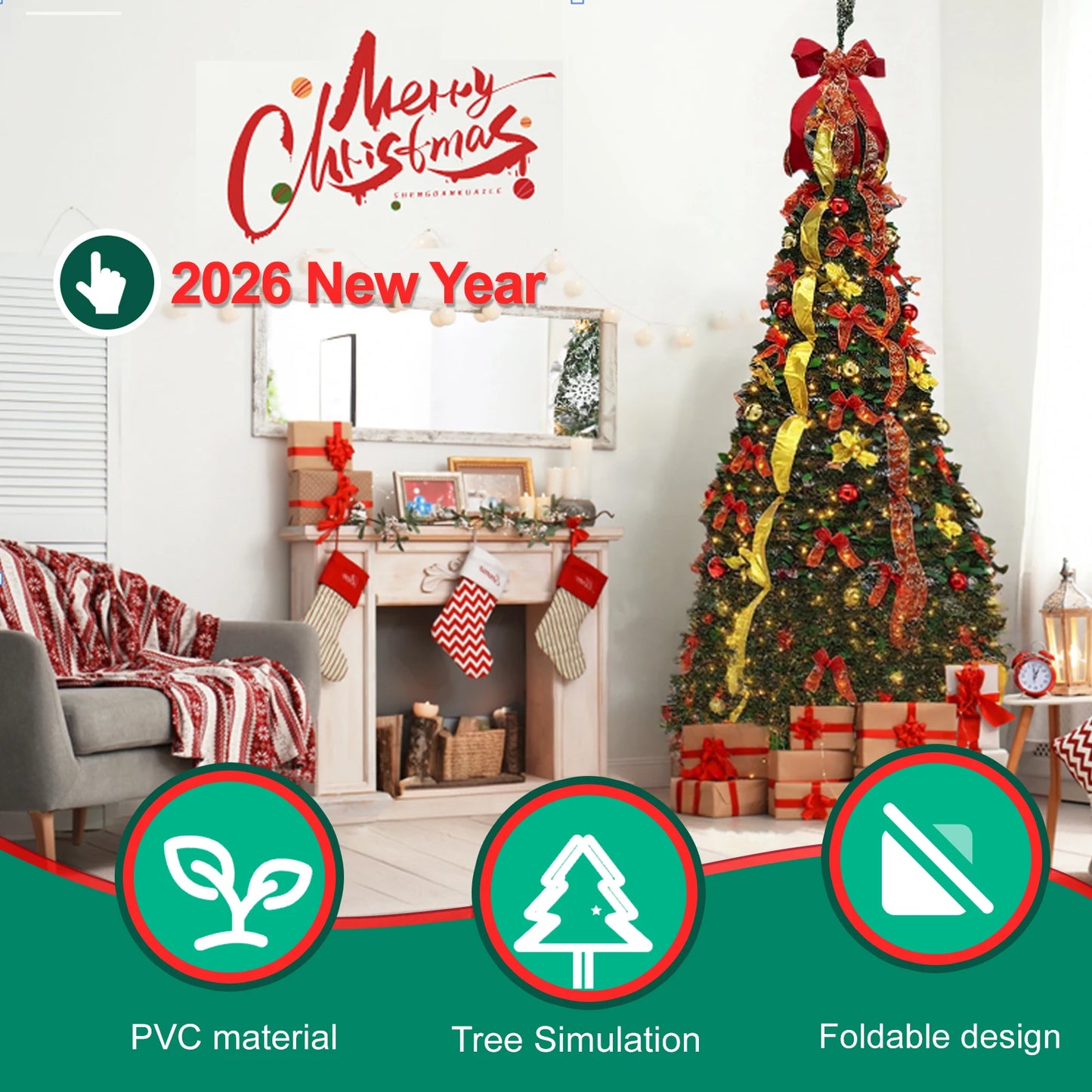 6FT Artificial Christmas Tree with 200 Warm Lights Easy Assembly Collapsible Christmas Tree with Ornaments Christmas Decor