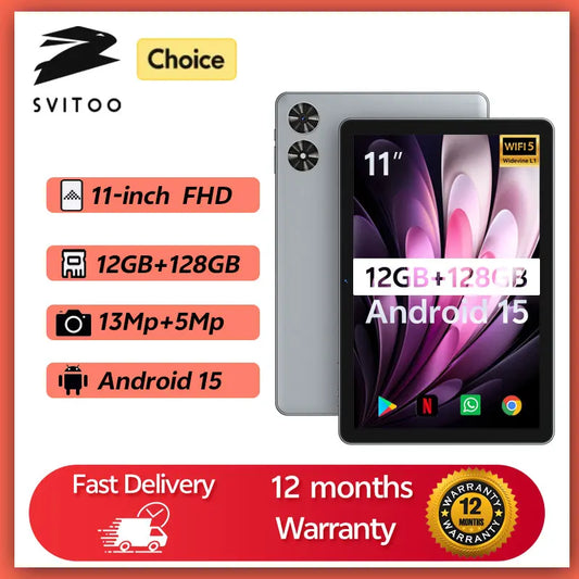 SVITOO P11 11-Inch Android 15 Tablet – 12GB RAM + 128GB Storage, Octa-Core T606, 8000mAh Battery