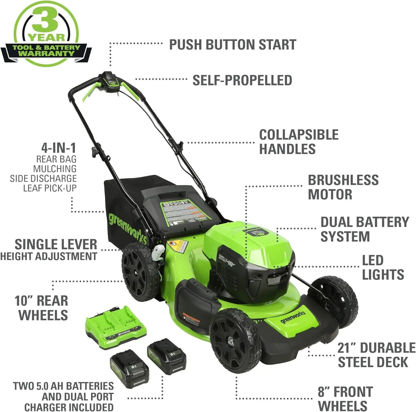 Greenworks 48V 21" Self-Propelled Cordless Lawn Mower – Brushless Motor, 4-in-1 Cutting, Dual 5.0Ah Batteries & Charger, 45 Min Runtime