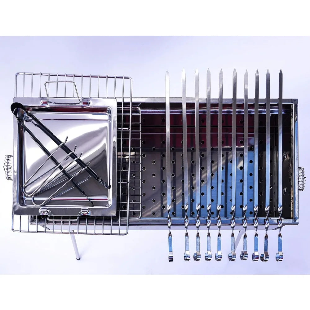 Stainless Steel Charcoal Grill Mangal with 10 Skewers – Foldable Shish Kabab BBQ Barbecue Shashlik Set
