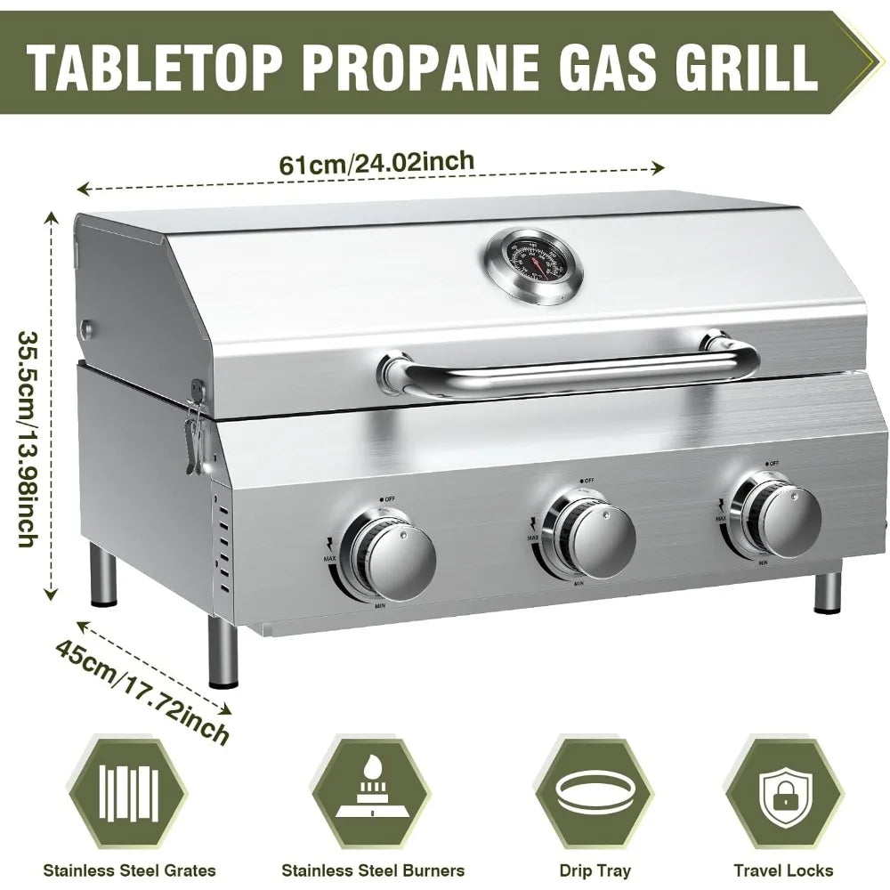 Portable Propane Gas Grill with 3 Burners, 30,000 BTU, Durable Thick Grates and Stainless Steel Controls