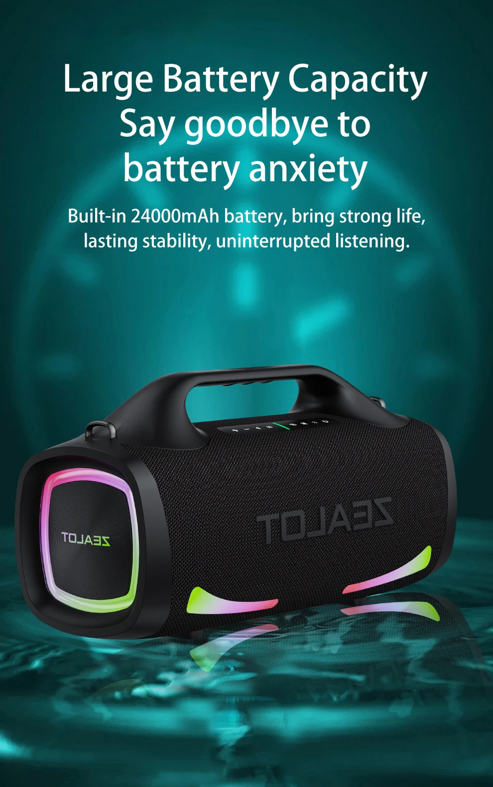 ZEALOT 100W Portable Bluetooth Subwoofer Speaker – 24000mAh Battery, RGB Lights, Waterproof, Wireless Pairing