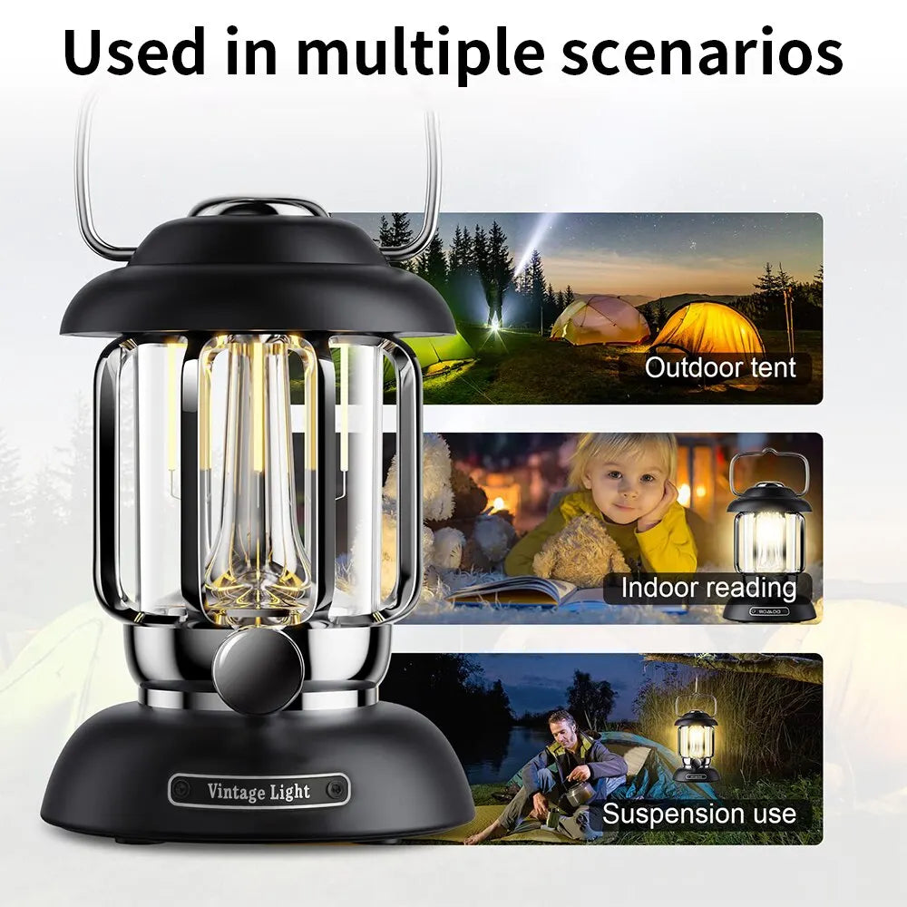 Outdoor Vintage Camping Lantern USB Rechargeable Retro LED Light Portable Waterproof Emergency Lamp