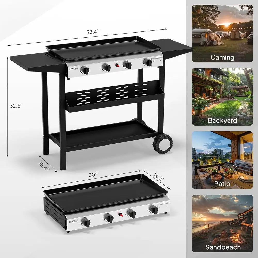 Portable 4-Burner Propane Griddle – 40,000 BTU Outdoor Gas Grill with Enamel Tray, Rolling Cart, Side Shelves & Ignition – Flat Top BBQ Griddle for Backyard & Camping