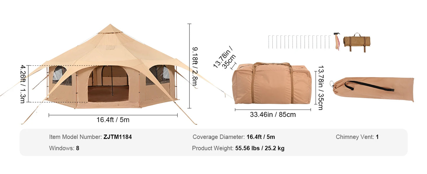 SucceBuy 16.4FT Canvas Bell Tent for Camping – 4 Season Yurt Tent with Stove Jack, Breathable TC Cotton, Sleeps Up to 8 People