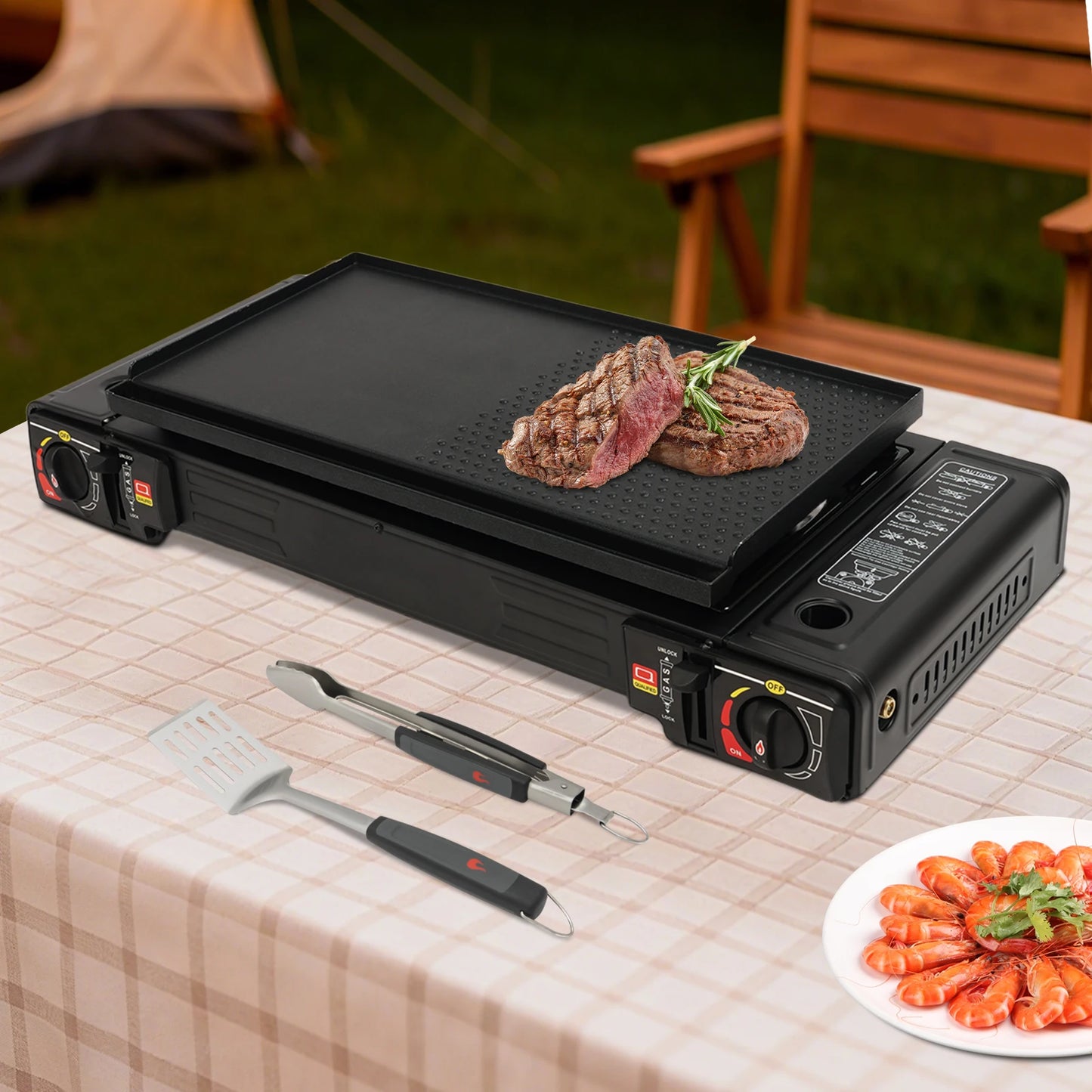 2-BURNER CAMPING STOVE PORTABLE GAS STOVE KIT WITH BAKING TRAY – OUTDOOR COOKING GRILL WITH CARRYING CASE, 2X2500W BURNERS, LPG COMPATIBLE