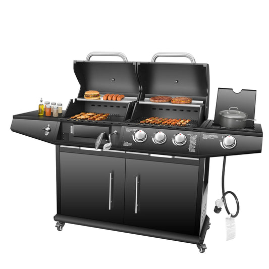 Dual Fuel Gas & Charcoal Grill with Side Burner – 3+1 Burners, 40,000 BTU, 713.5 Sq. In. Cooking Area