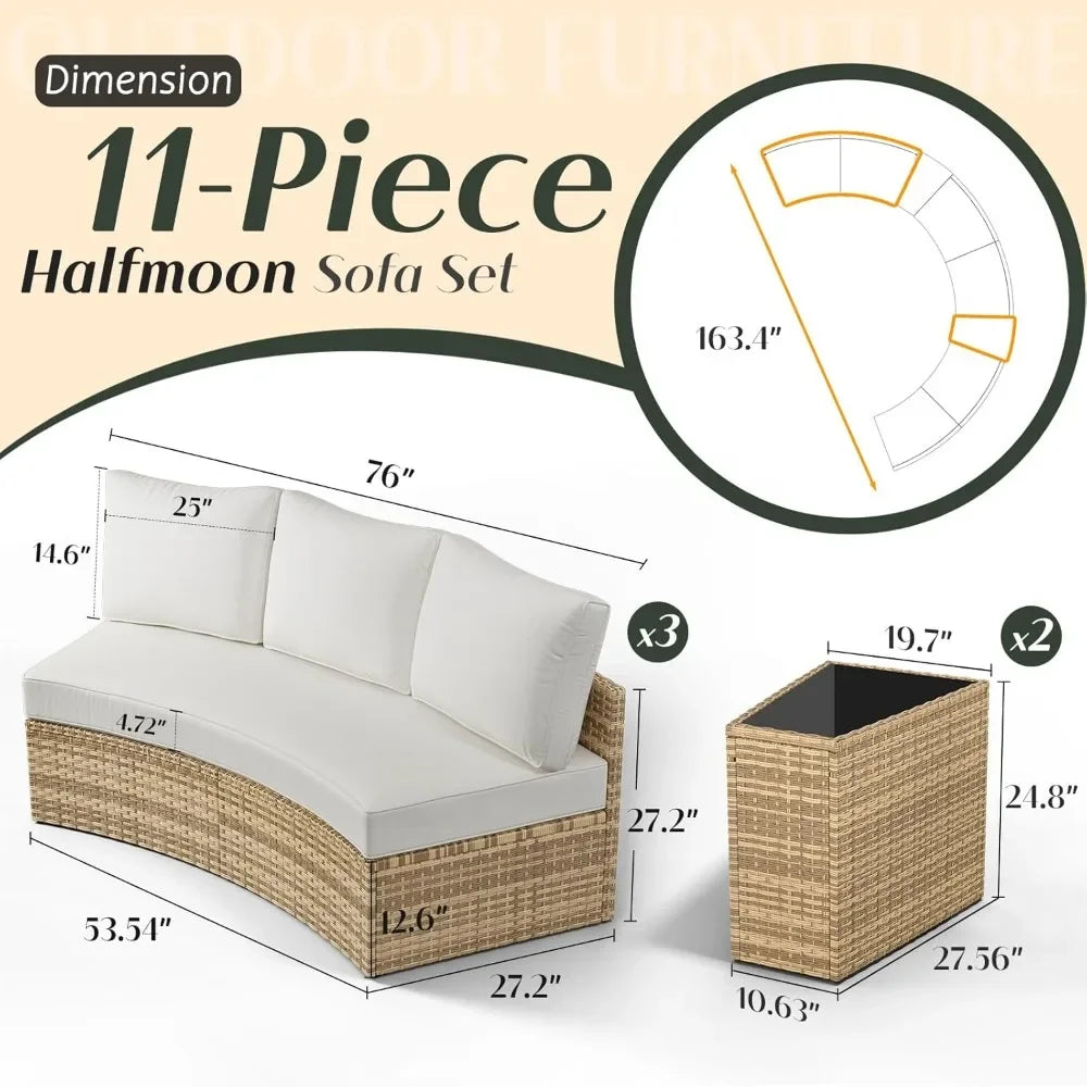 Patio Furniture Sets, 11 Piece Half-Moon Sectional Round Sofa Set, Outdoor Patio Furniture with Cushions & Wedge Table